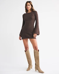 Long-Sleeve Tie-Back Crochet-Style Mini Dress