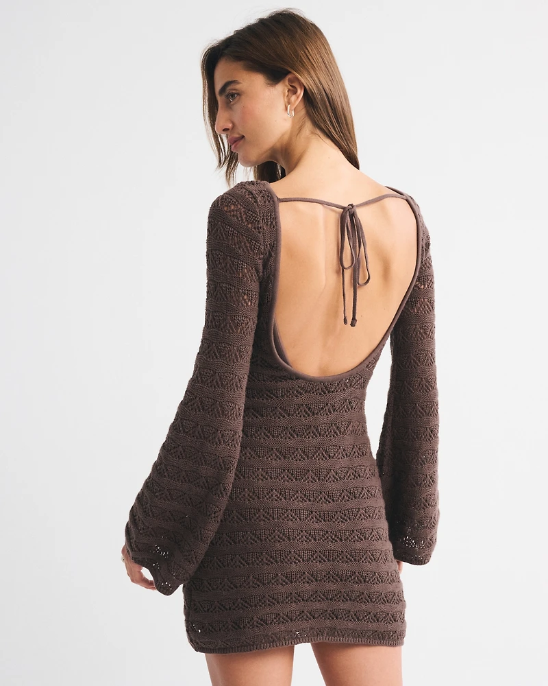 Long-Sleeve Tie-Back Crochet-Style Mini Dress