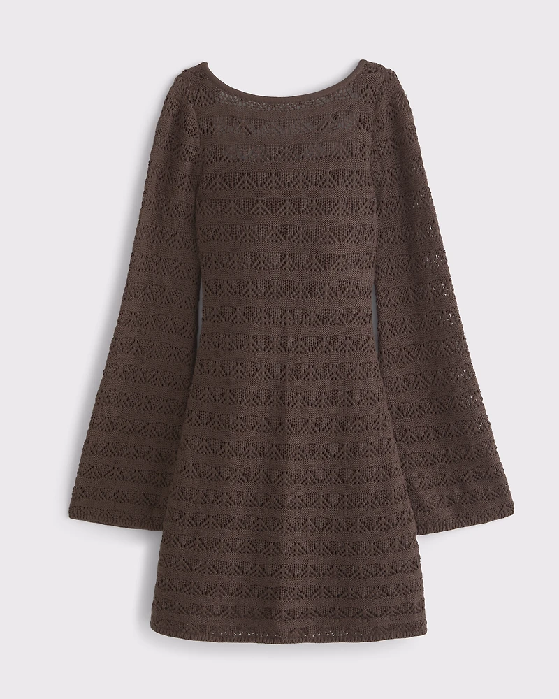 Long-Sleeve Tie-Back Crochet-Style Mini Dress