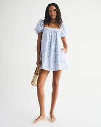 Puff Sleeve Lace-Trim Mini Dress