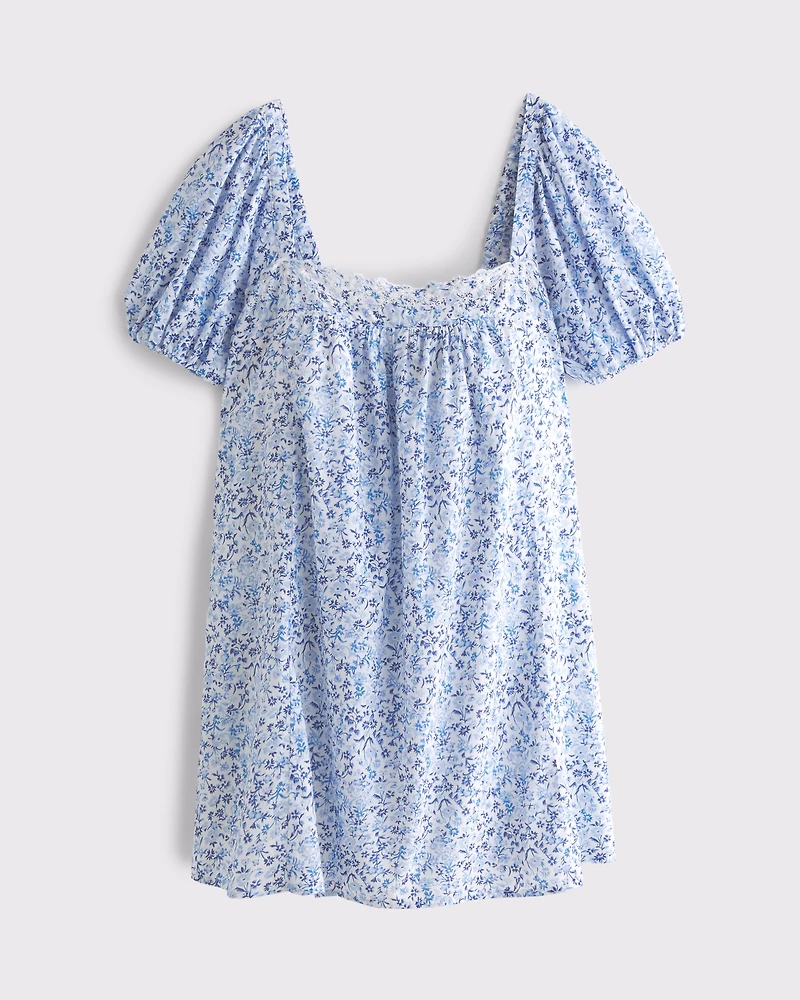 Puff Sleeve Lace-Trim Mini Dress