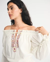 Long-Sleeve Off-The-Shoulder Embroidered Mini Dress