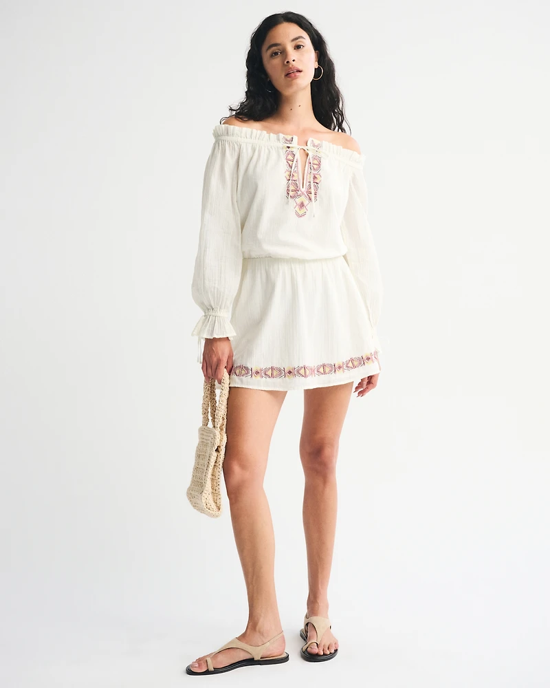 Long-Sleeve Off-The-Shoulder Embroidered Mini Dress