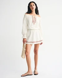Long-Sleeve Off-The-Shoulder Embroidered Mini Dress