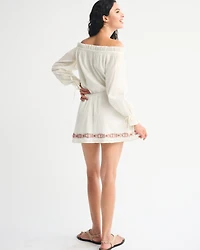 Long-Sleeve Off-The-Shoulder Embroidered Mini Dress