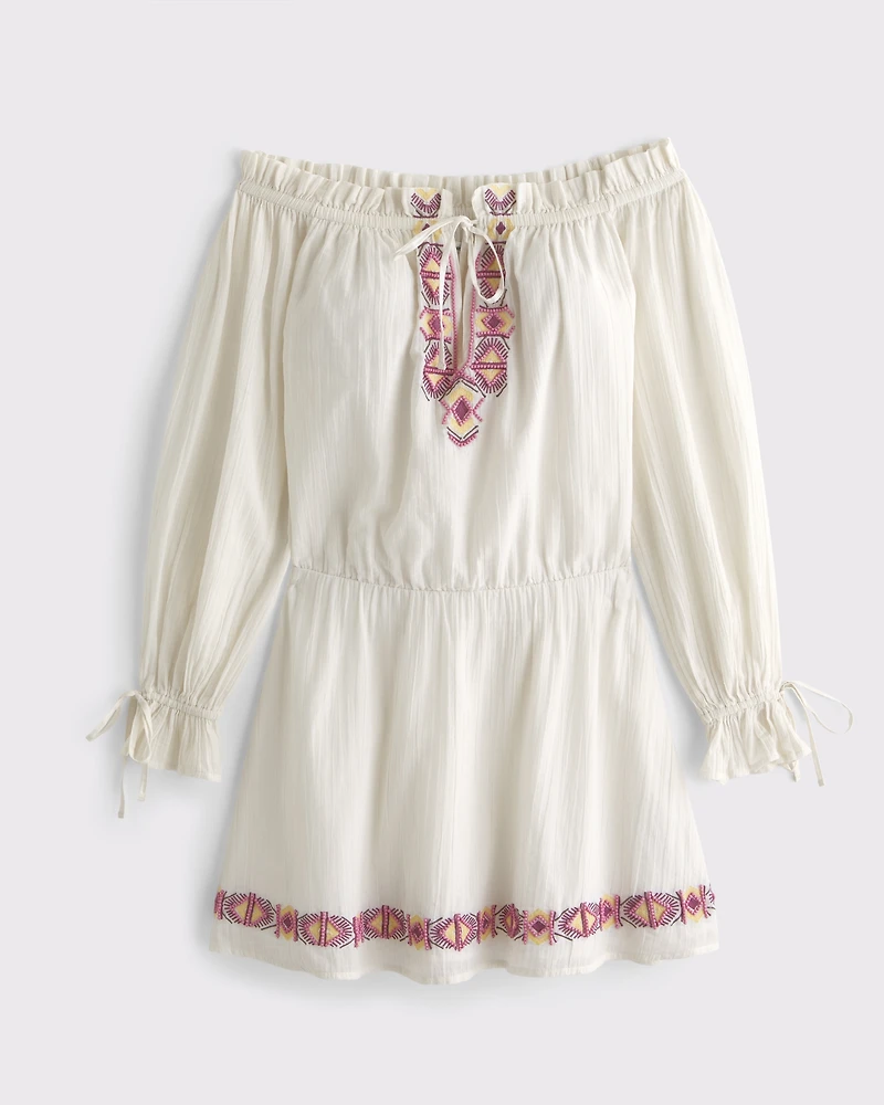 Long-Sleeve Off-The-Shoulder Embroidered Mini Dress