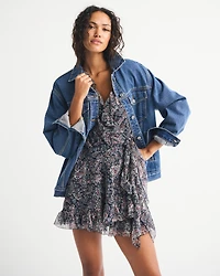 Long-Sleeve Draped Wrap Mini Dress