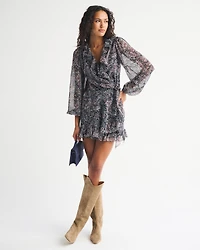 Long-Sleeve Draped Wrap Mini Dress