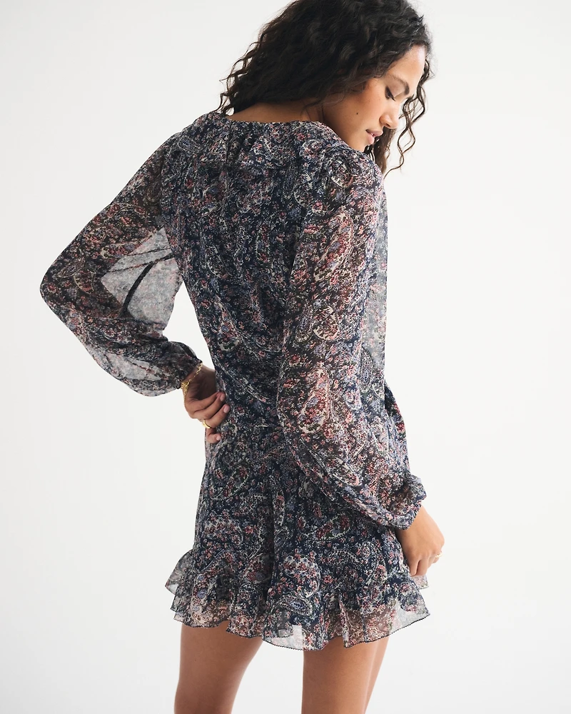 Long-Sleeve Draped Wrap Mini Dress