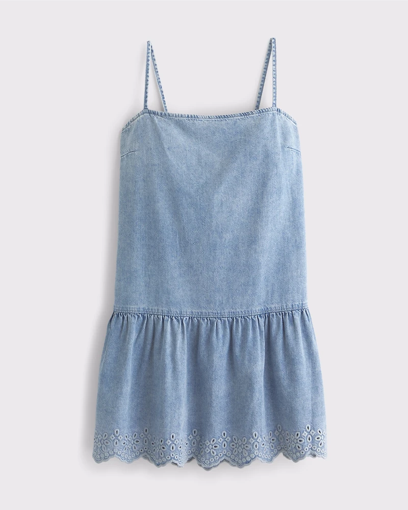 Drop-Waist Embroidered Denim Mini Dress
