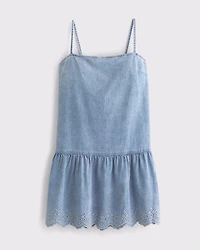 Drop-Waist Embroidered Denim Mini Dress