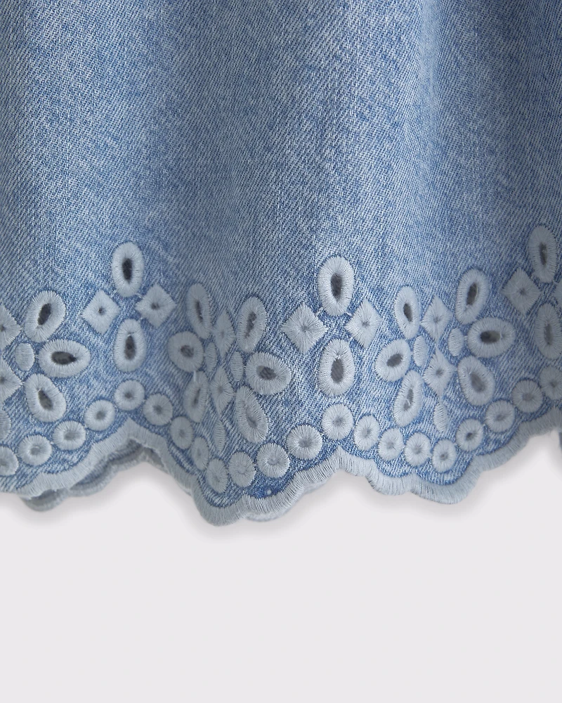 Drop-Waist Embroidered Denim Mini Dress