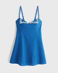 Foldover Embroidered Linen-Blend Mini Dress