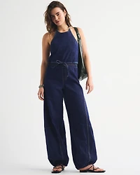 High-Neck Linen-Blend Denim Balloon Leg Jumpsuit