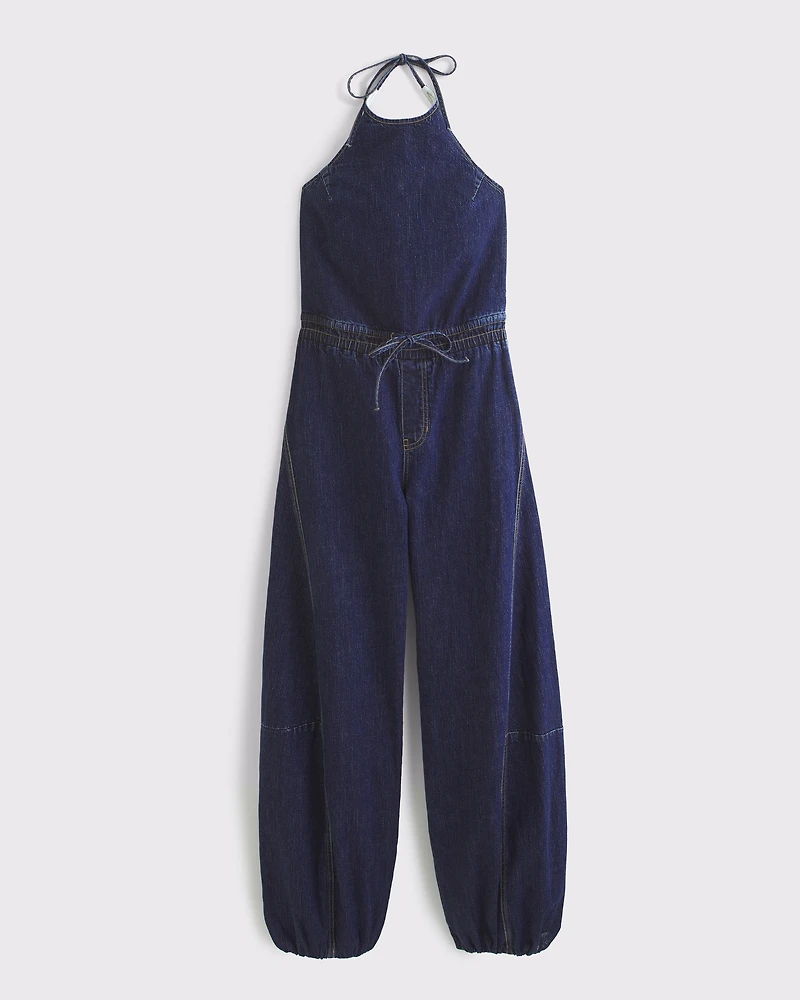 High-Neck Linen-Blend Denim Balloon Leg Jumpsuit