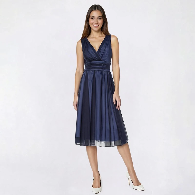 Connected Apparel Womens Connected Apparel Sleeveless Sheer Ruched Waist  Midi Dress