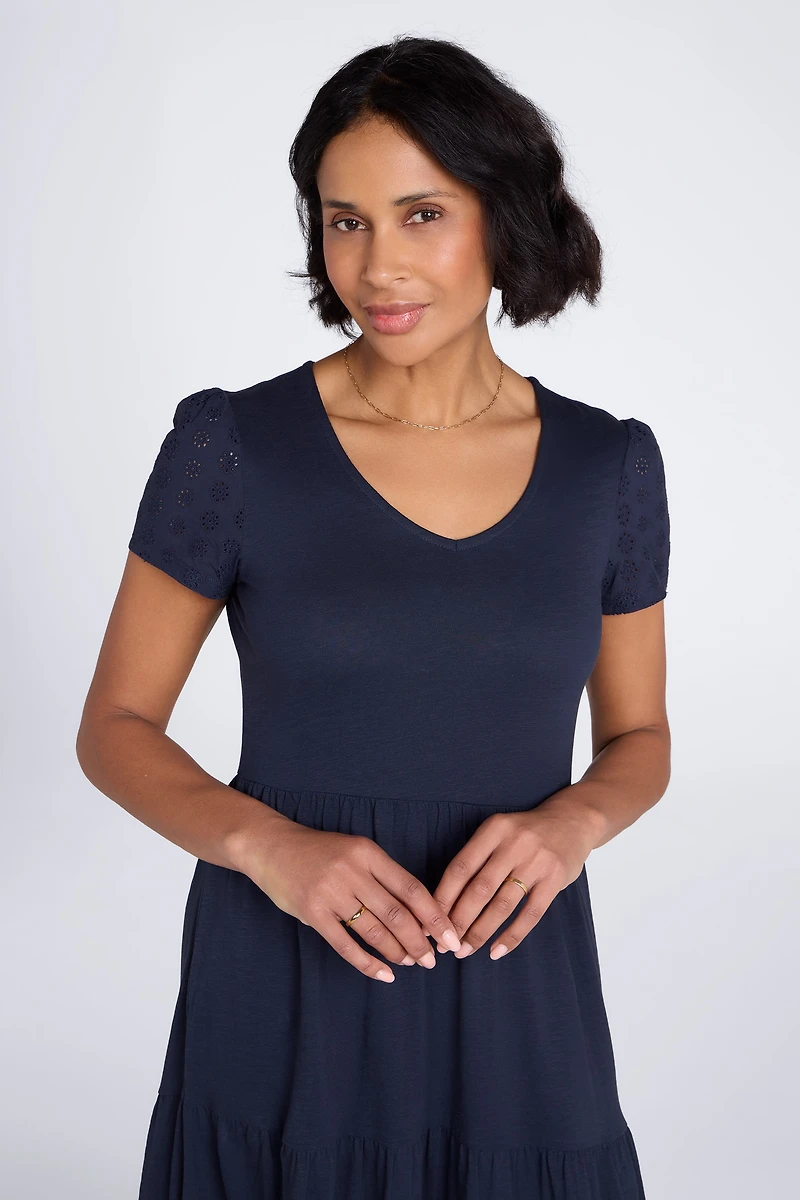 Malaga Broderie Sleeve Womens Tiered Dress