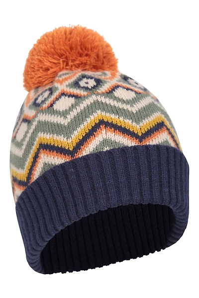 Fleece Lined Kids Chevron Pom Beanie