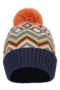 Fleece Lined Kids Chevron Pom Beanie