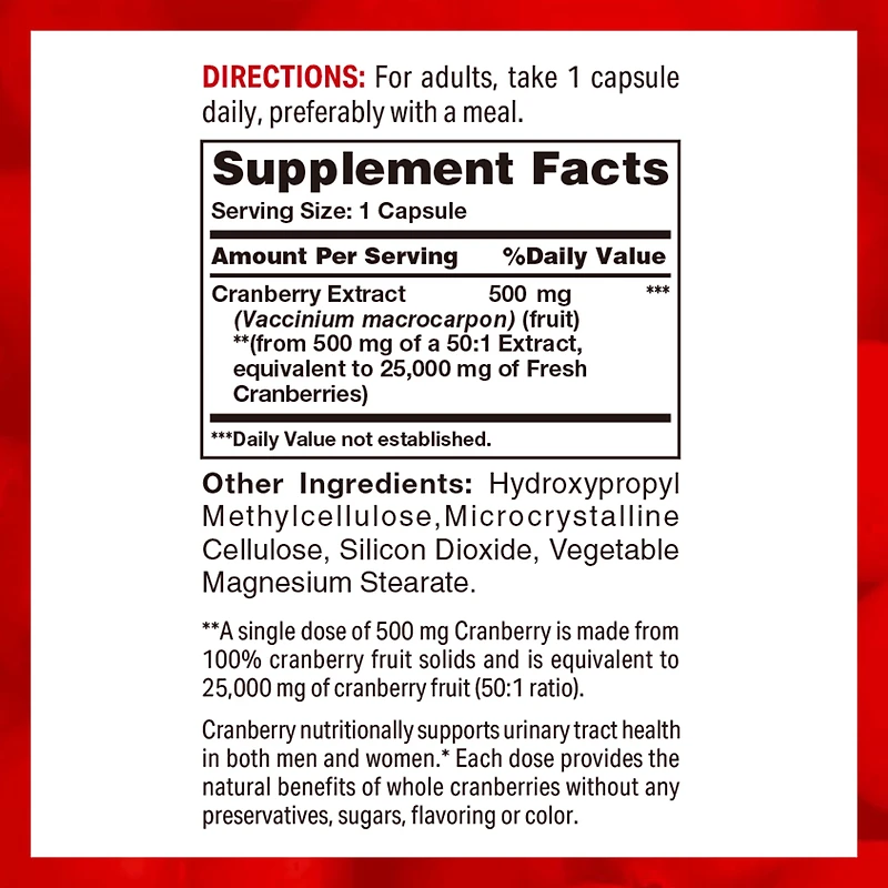 Cranberry Concentrate 500 mg Equivalent to 25,000 mg of Fresh Cranberries