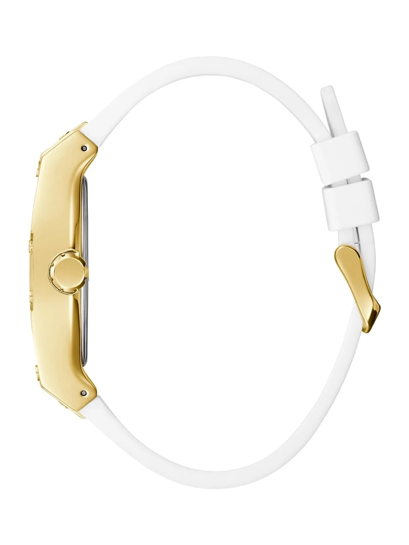 Gold-Tone and White Rectangular Multifunction Watch