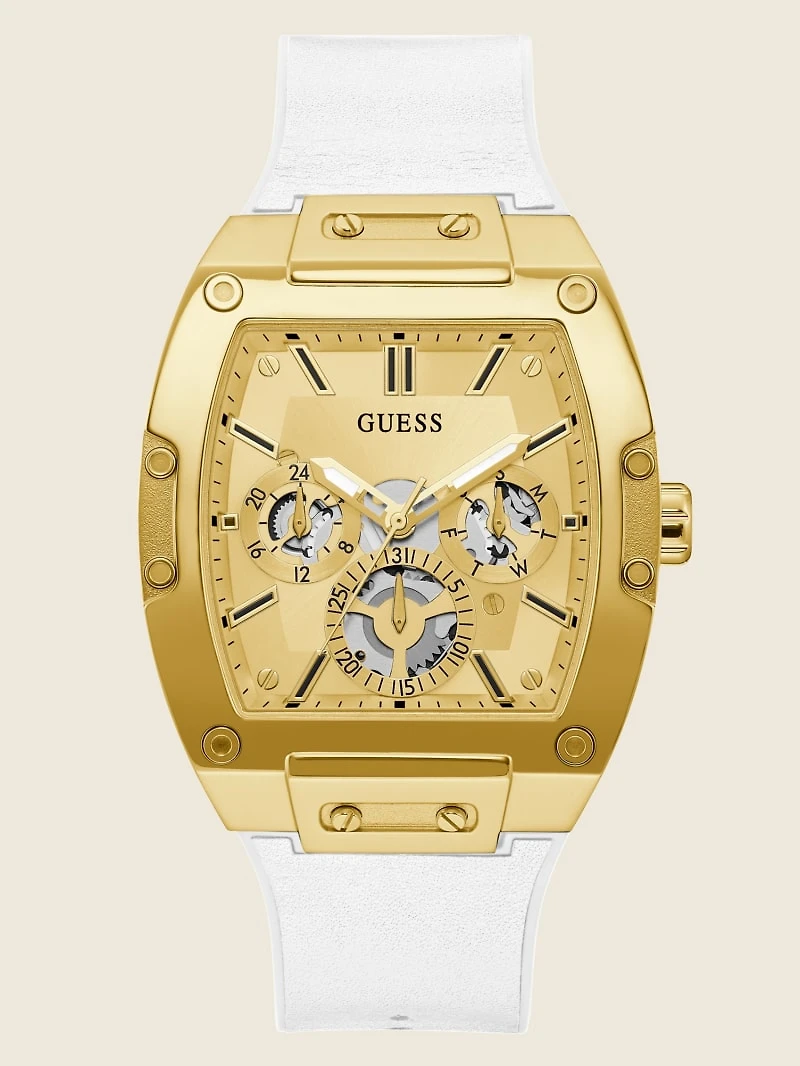 Gold-Tone and White Rectangular Multifunction Watch
