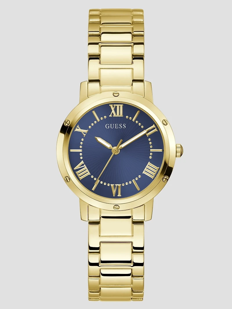 Gold-Tone and Navy Round Analog Watch