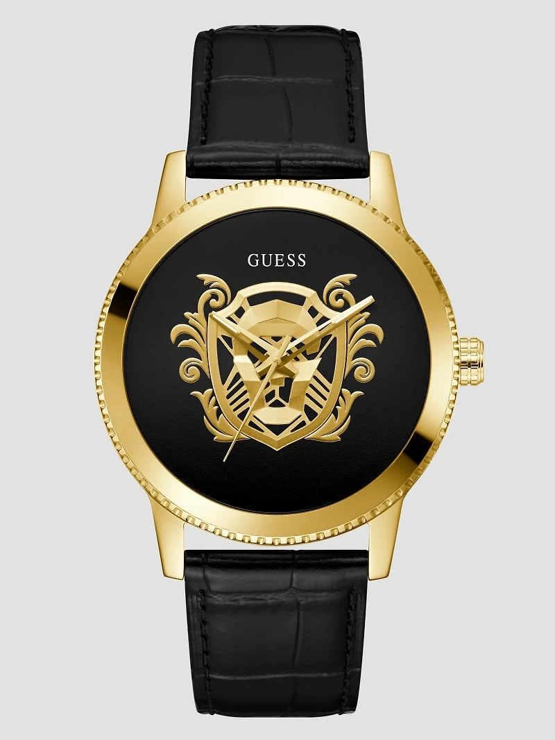 Gold-Tone and Black Analog Leather Watch