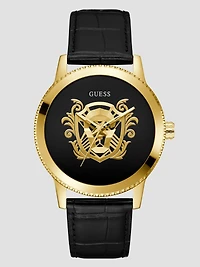 Gold-Tone and Black Analog Leather Watch