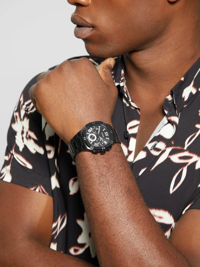 Dark Silver-Tone and Blue Multifunction Watch