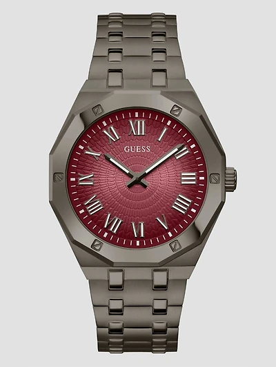 Dark Silver and Burgundy Analog Watch