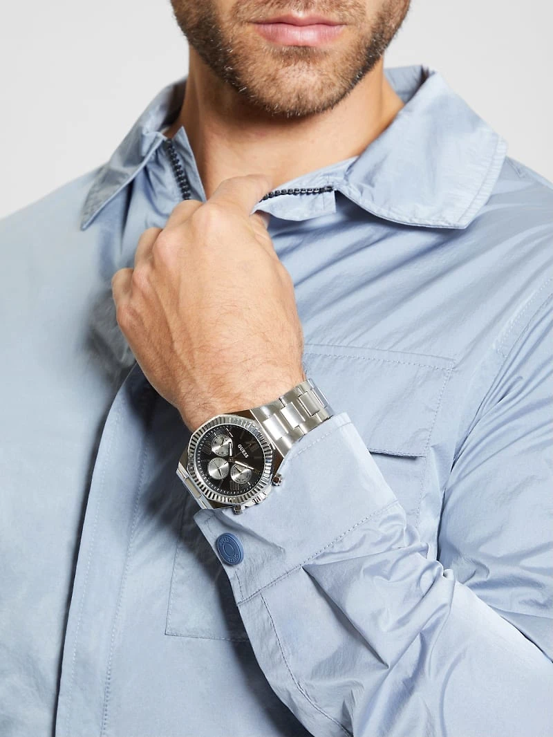 Silver-Tone and Black Multifunction Watch