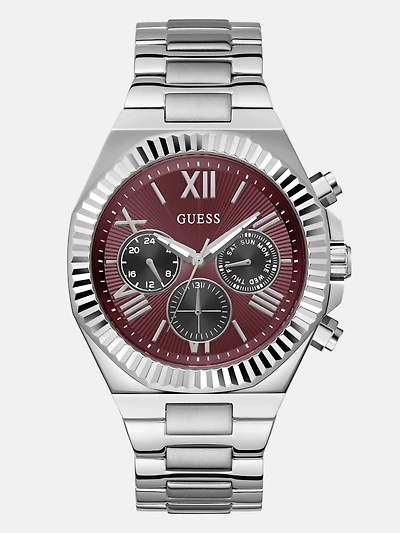 Silver-Tone and Maroon Multifunction Watch