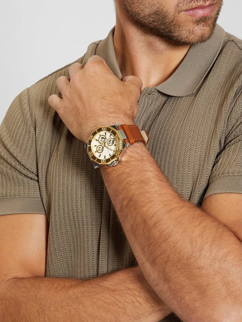 Two-Tone and Brown Leather Multifunction Watch