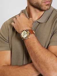 Two-Tone and Brown Leather Multifunction Watch