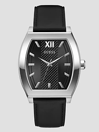 Silver-Tone and Black Leather Analog Watch