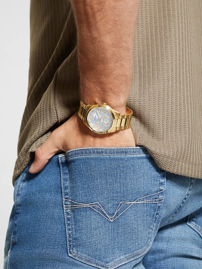 Gold-Tone and Textured Blue Multifunction Watch