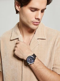Silver-Tone Leather Multifunction Watch