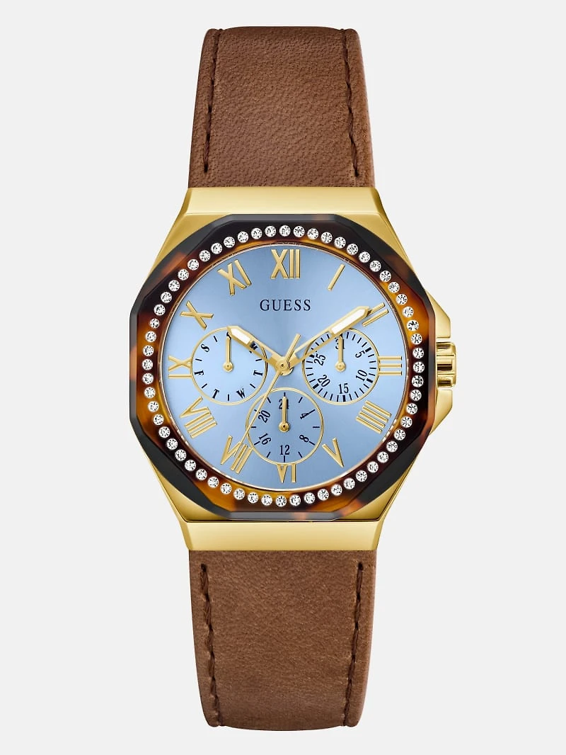 Multi-Tone and Brown Leather Multifunctional Watch