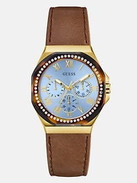 Multi-Tone and Brown Leather Multifunctional Watch