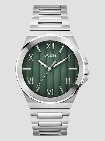 Silver-Tone and Green Analog Watch