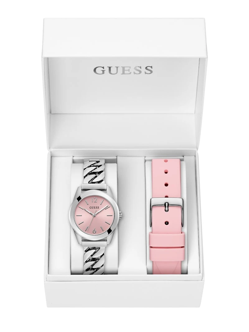Silver-Tone and Pink Analog Watch
