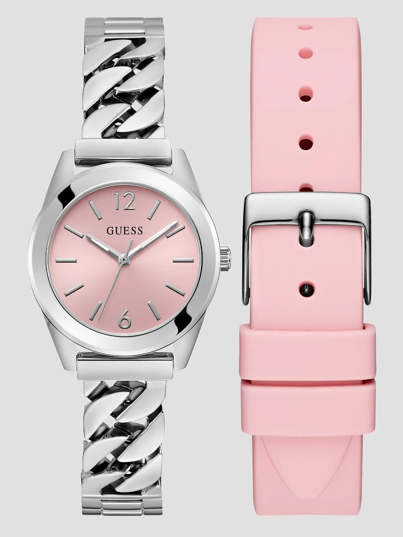 Silver-Tone and Pink Analog Watch