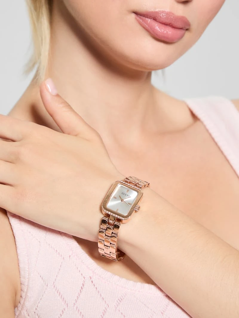 Rose Gold-Tone Textured Square Analog Watch