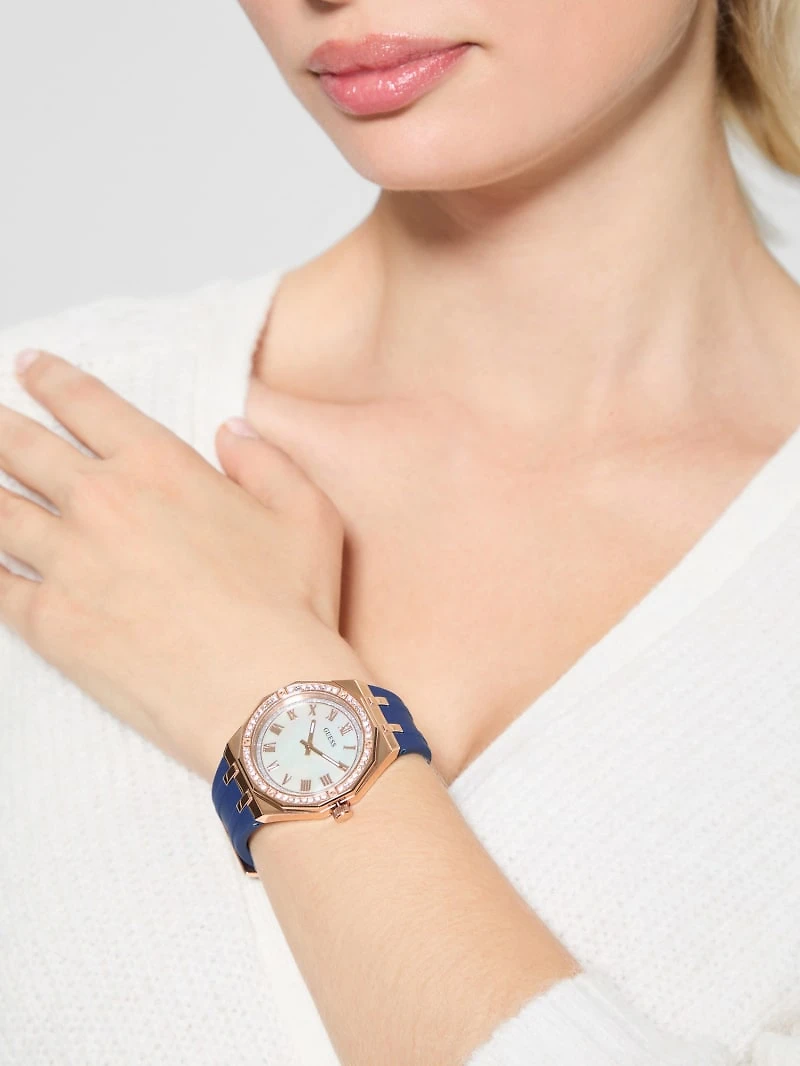 Rose Gold-Tone and Navy Silicone Analog Watch