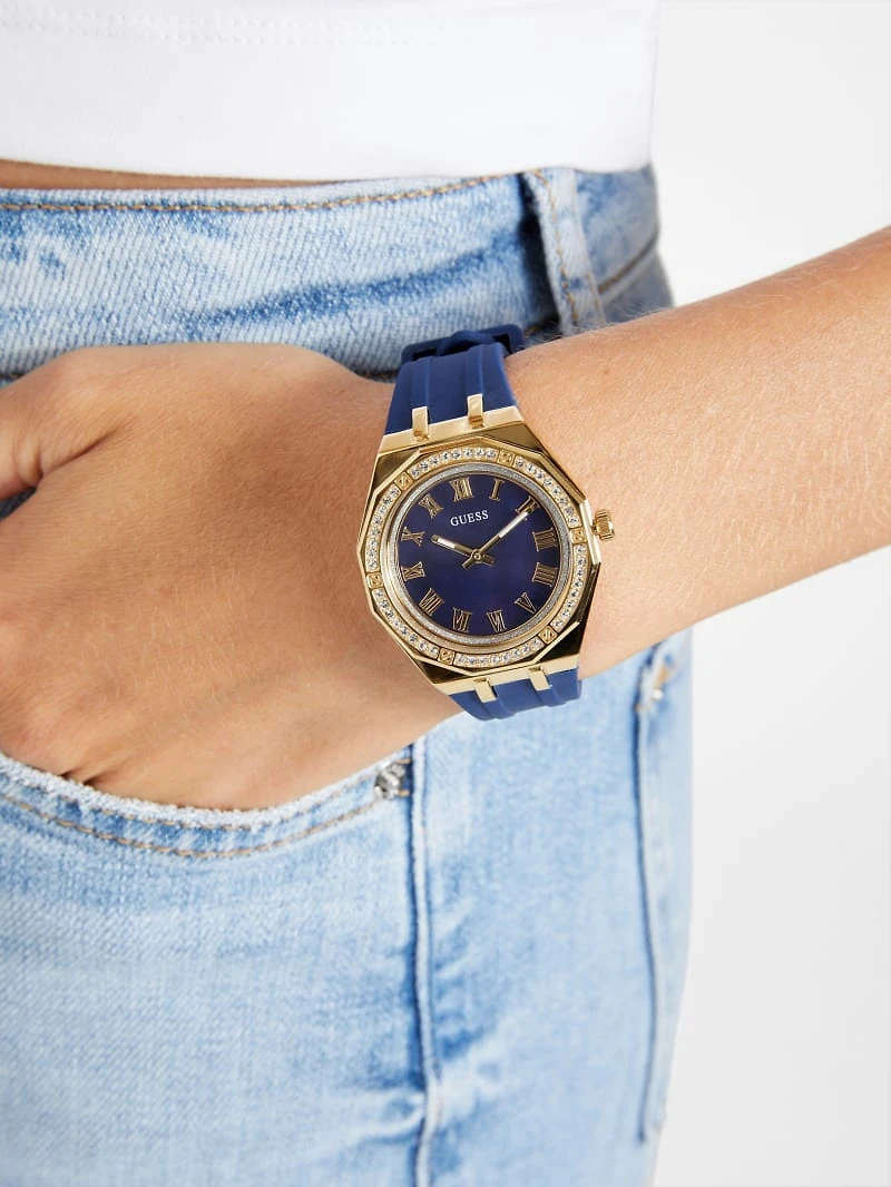 Gold-Tone and Blue Silicone Analog Watch