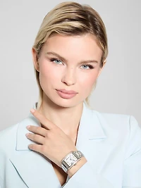 Silver-Tone Crystal Square Analog Watch