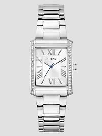 Silver-Tone Crystal Square Analog Watch