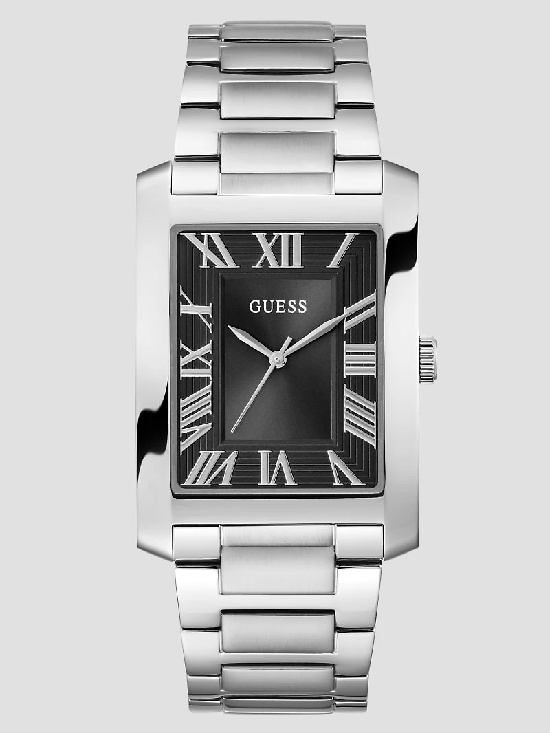 Silver-Tone and Black Square Analog Watch