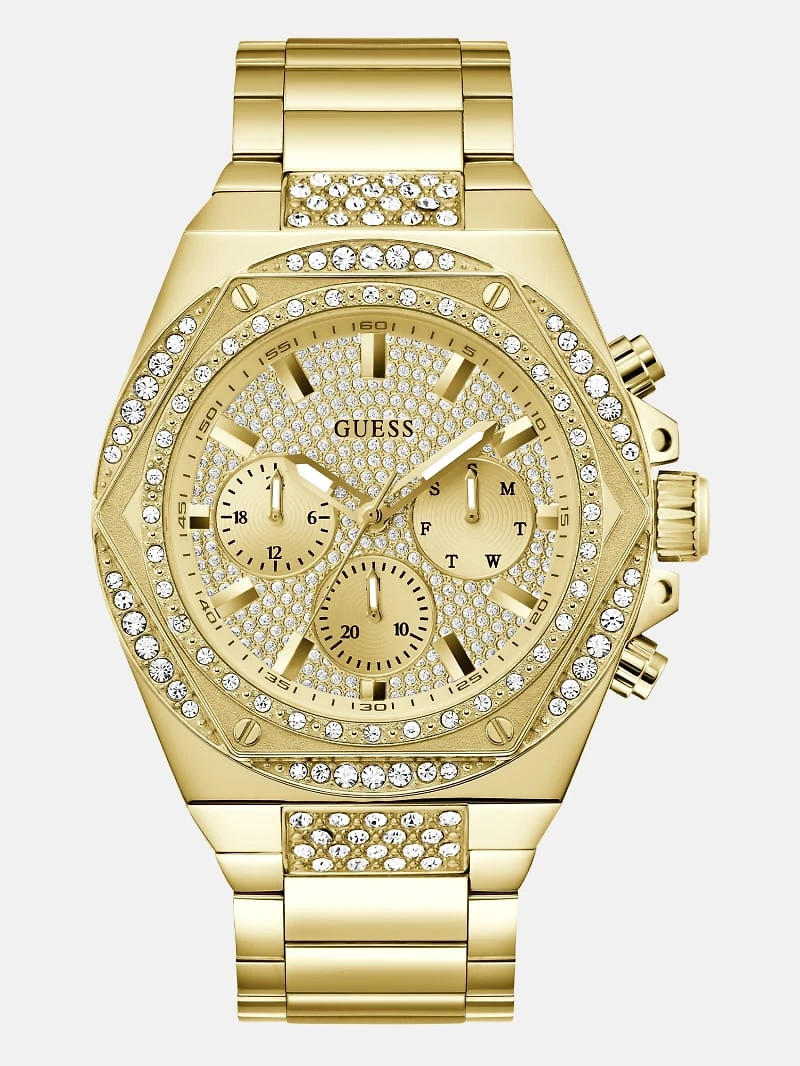 Gold-Tone Rhinestone Multifunction Watch